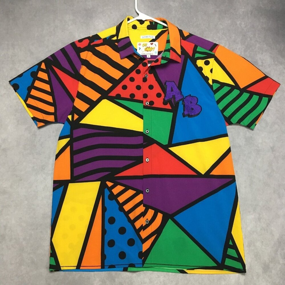 Oh Snap! Aktin Bad Mens Shirt size Large Short Sleeve Button Up Colorful Stretch